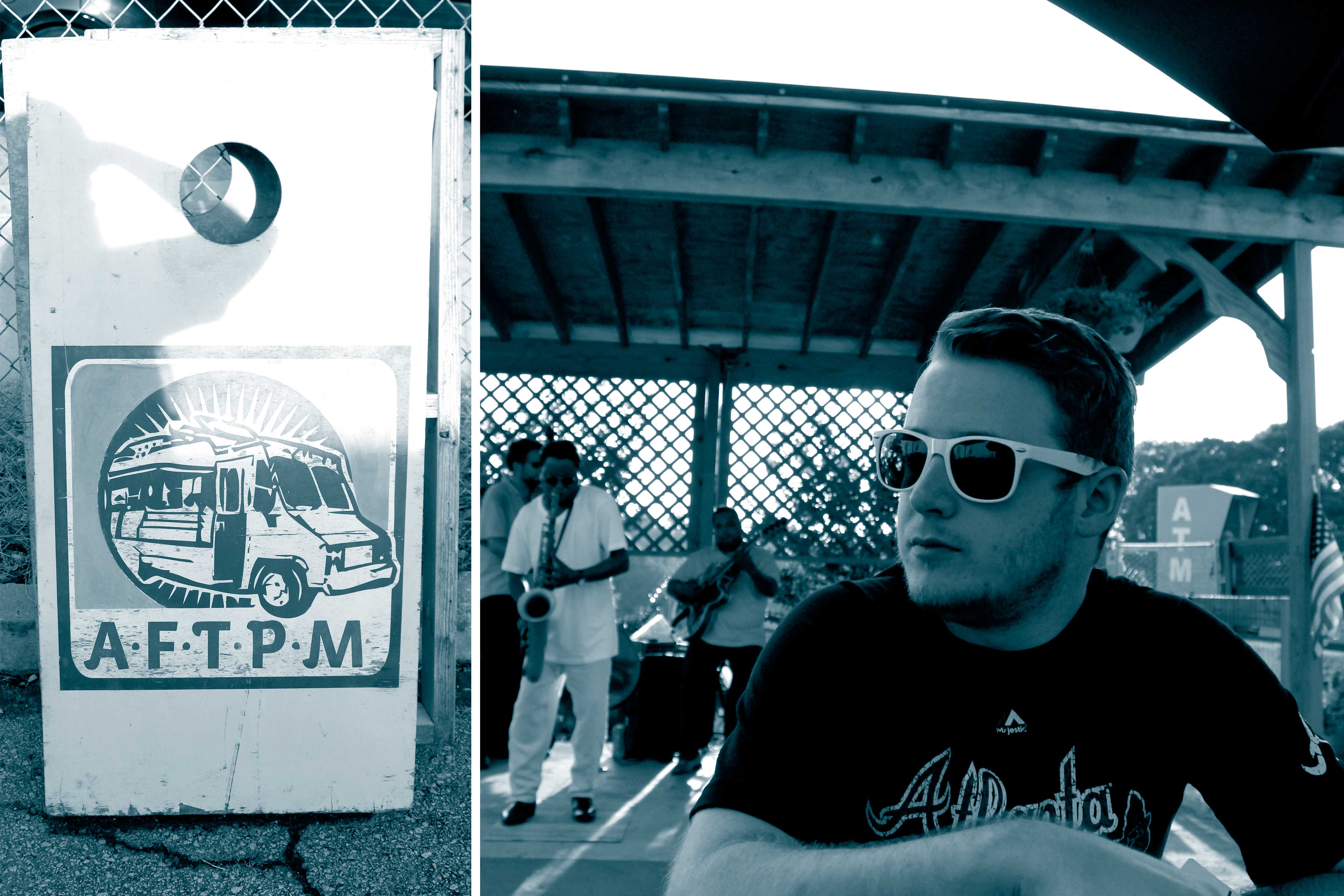 Collage of Atlanta Food Truck Park and Market cornhole set and a patron enjoying the live jazz band on the stage.