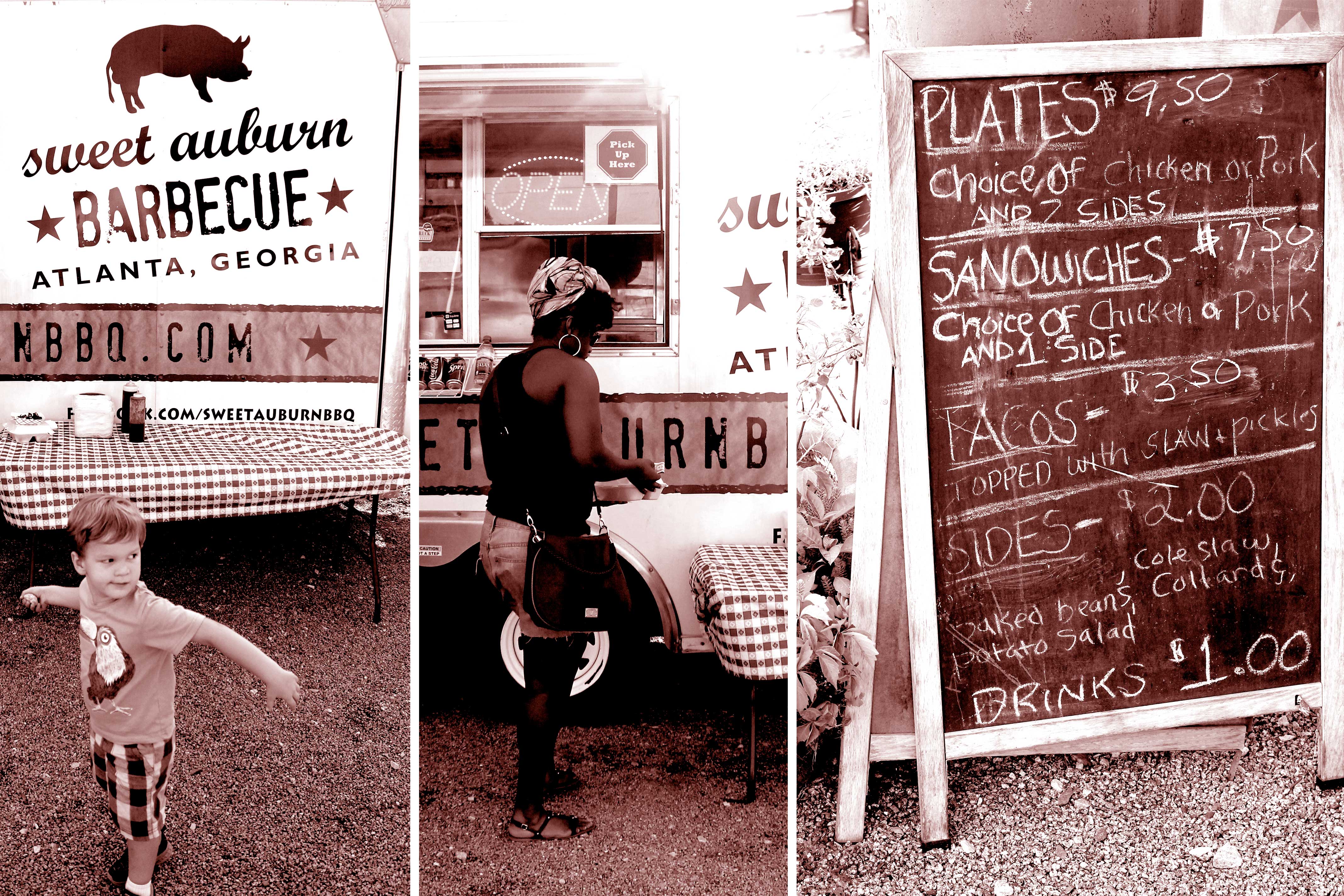 Collage of patrons in front of the Sweet Auburn BBQ food truck at Atlanta Food Truck Park and Market.